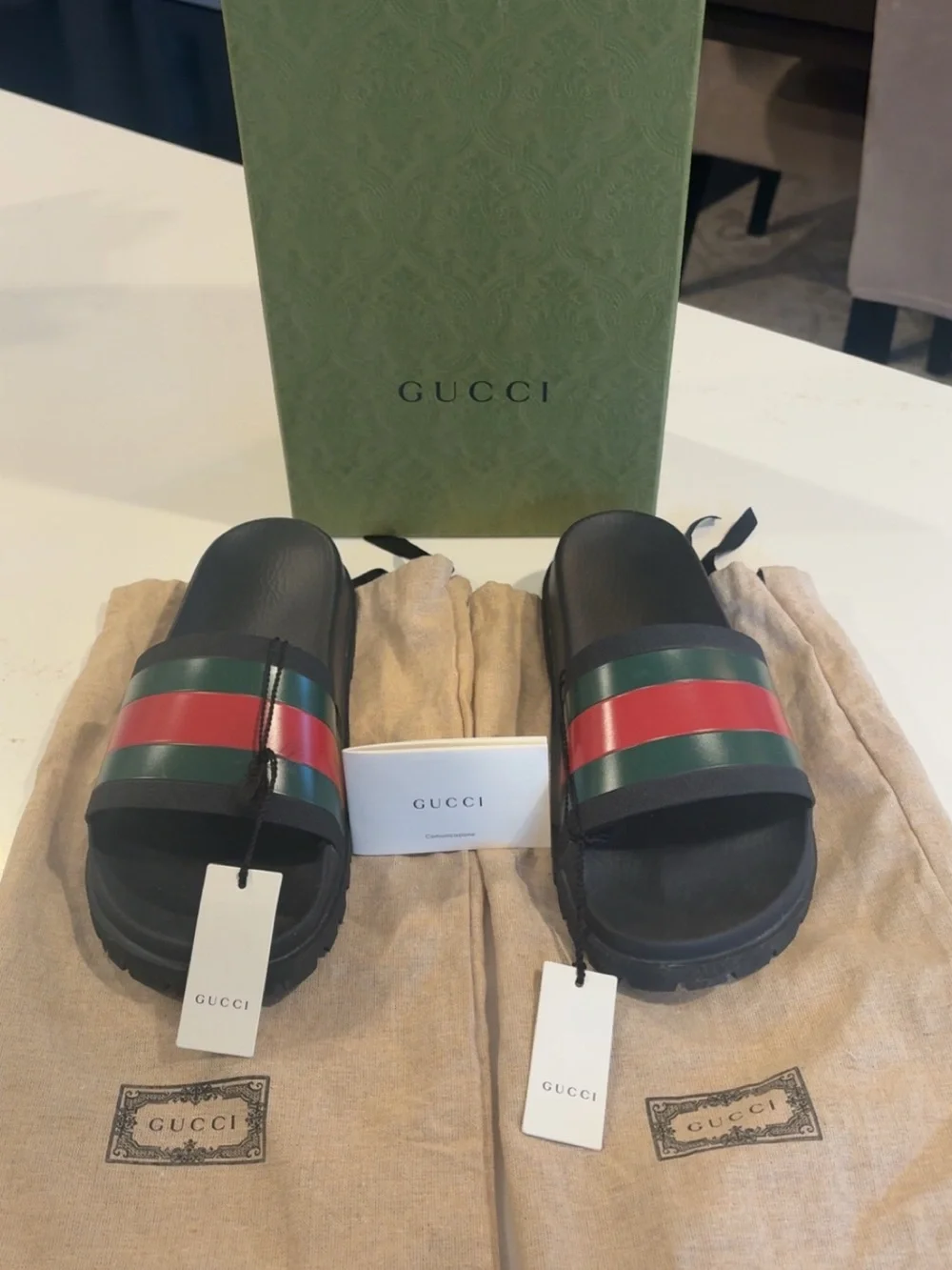 Gucci Black Leather Slide Sandals with Red and Green Web